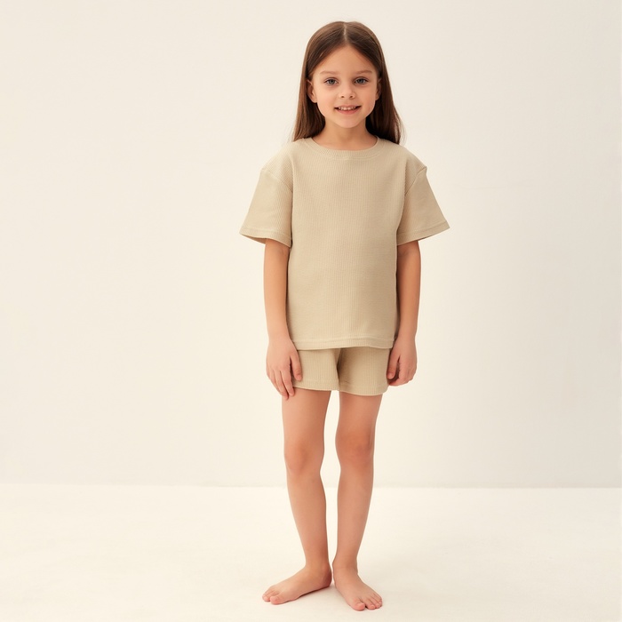 Пижама для девочки (футболка и шорты) SL HOME, размер 34 (122-128 см), бежевая - Фото 1