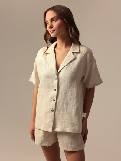 Пижама женская: рубашка, шорты, SL HOME Linen, размер 48 (XL), молочная
