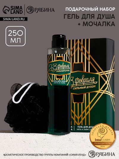 Подарочный набор косметики на 23 февраля «Сильный духом», гель для душа 250 мл и мочалка для тела, HARD LINE