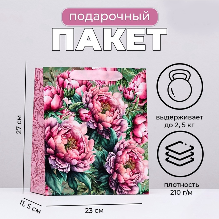 Пакет подарочный ламинированный вертикальный «Нежность пиона», 23×27×11.5 см - Фото 1