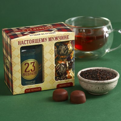 Набор «Настоящему мужчине»: чай чёрный со специями и имбирём 50 г., конфеты шоколадные 130 г.