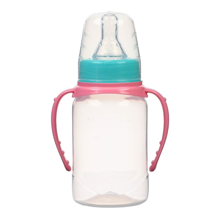 Бутылочка для кормления 150 мл цилиндр, с ручками, цвет бирюзовый/розовый