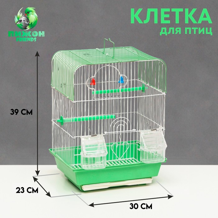 Клетка для птиц квадратная с кормушками, 35 х 28 х 55 см, зелёная