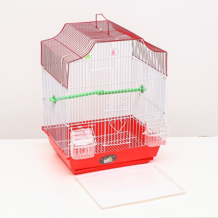 Клетка для птиц фигурная с кормушками, 34 х 27 х 44 см, красная
