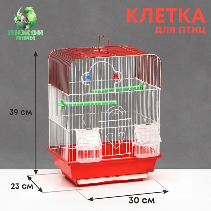 Клетка для птиц квадратная с кормушками, 30 х 23 х 39 см, красная
