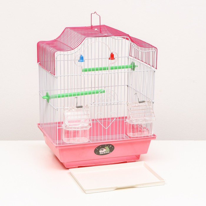 Клетка для птиц фигурная с кормушкками, 30 х 23 х 39 см, розовая