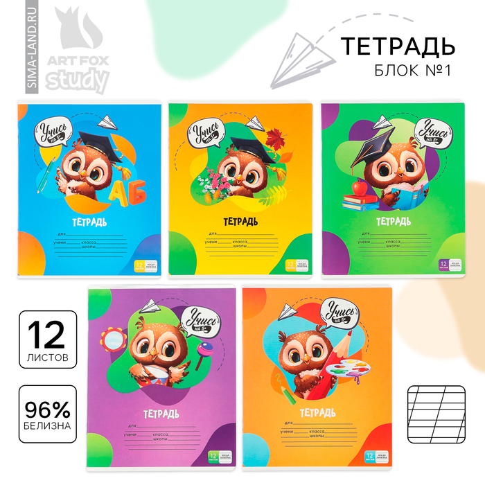 Тетрадь 12 листов в косую линейку, А5, на скрепке, блок №1 «Учись на 5+» МИКС - Фото 1