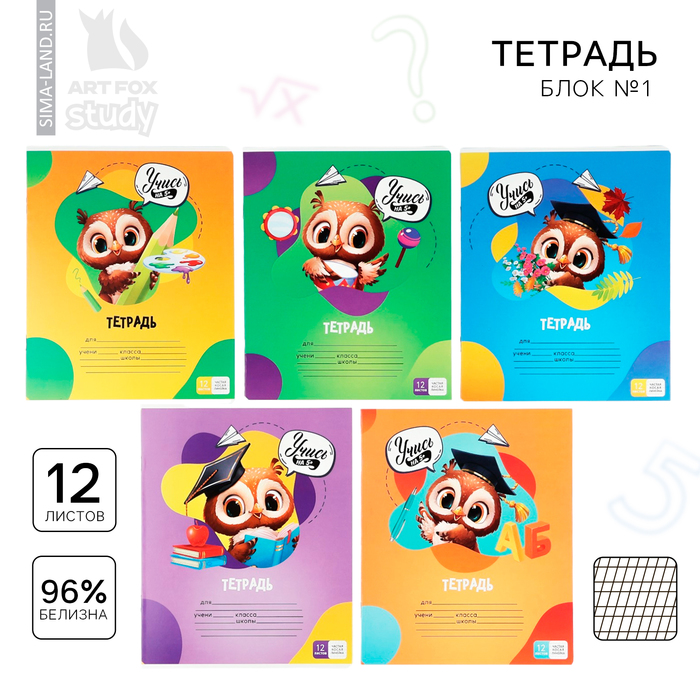 Тетрадь 12 листов в частую косую линейку, А5, на скрепке, блок №1 «Учись на 5+» МИКС