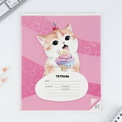 Тетрадь в клетку, 18 листов, А5, на скрепке, блок №1«Котя» МИКС