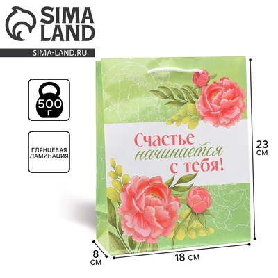 Пакет подарочный ламинированный, упаковка, «Счастье начинается с тебя», MS 18×23×8 см