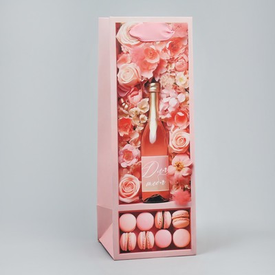 Пакет подарочный под бутылку, упаковка, «Розовое настроение», 9 х 25 х 8.9 см