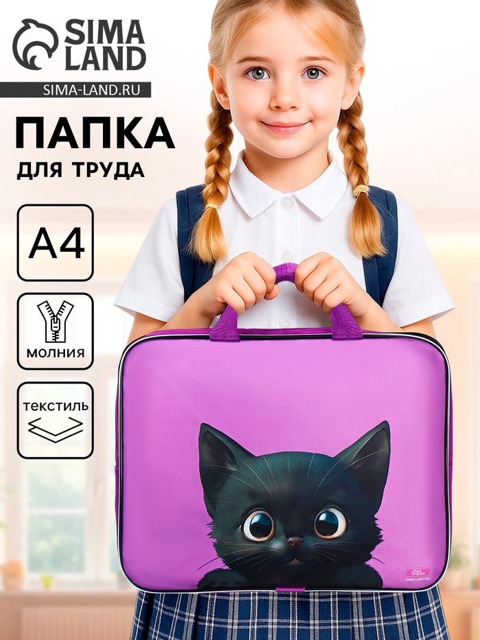 Папка для труда, А4, текстильная, 35×27×7 см «Котик чёрный» - Фото 1