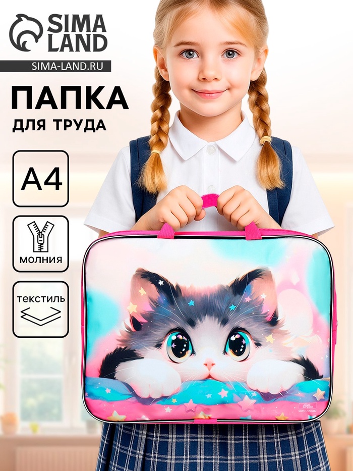 Папка для труда, А4, текстильная, 35×27×7 см «Котик корея» - Фото 1