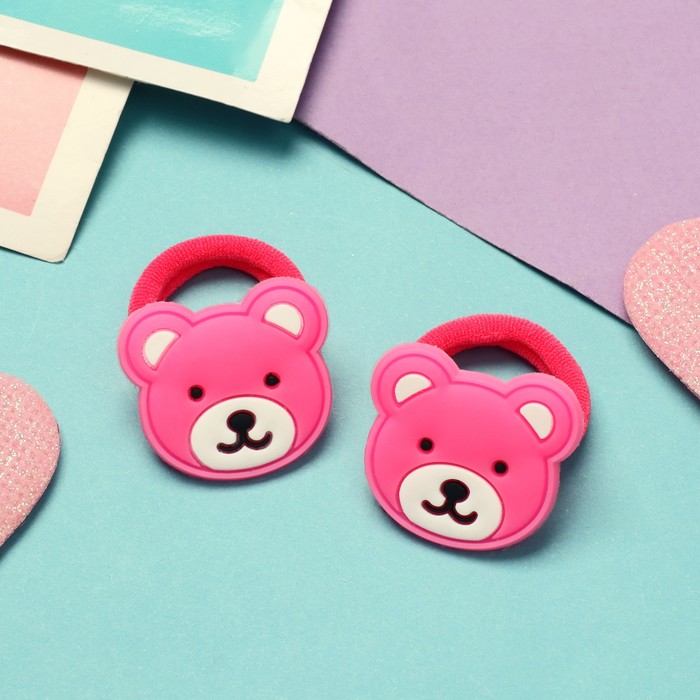 Резинки для волос «Крошка», набор 2 шт., мишка, 3 см, ярко-розовые