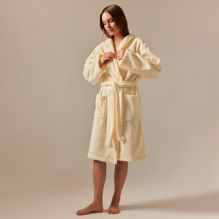 Халат махровый с капюшоном женский SL HOME: Basic «Айвори», размер M, хлопок 100%, молочный - Фото 1