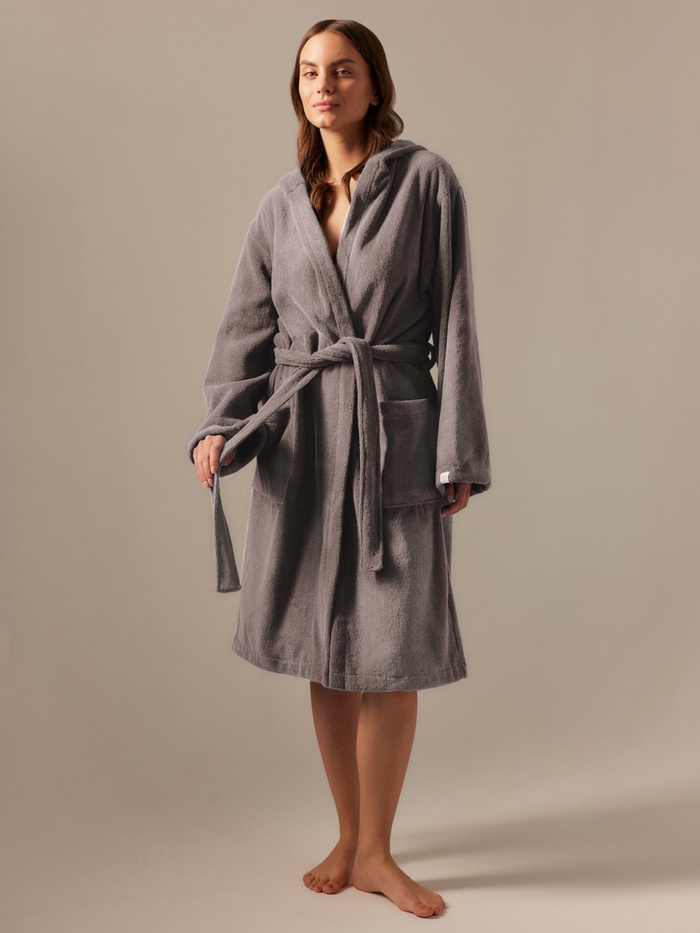 Халат махровый с капюшоном женский SL HOME: Basic «Софт Мист», размер L, хлопок 100%, серый - Фото 1