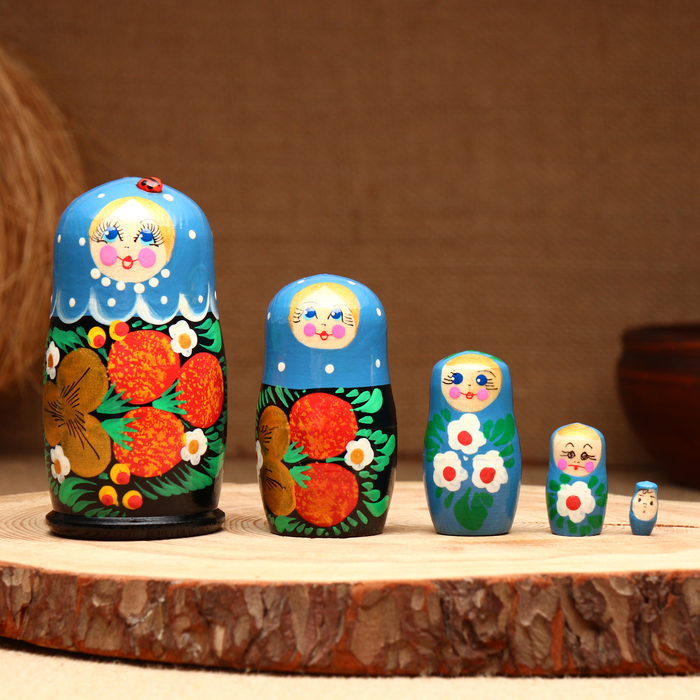Матрёшка 5-кукольная "Праздничная голубая" с божьей коровкой, 10-11 см - Фото 1