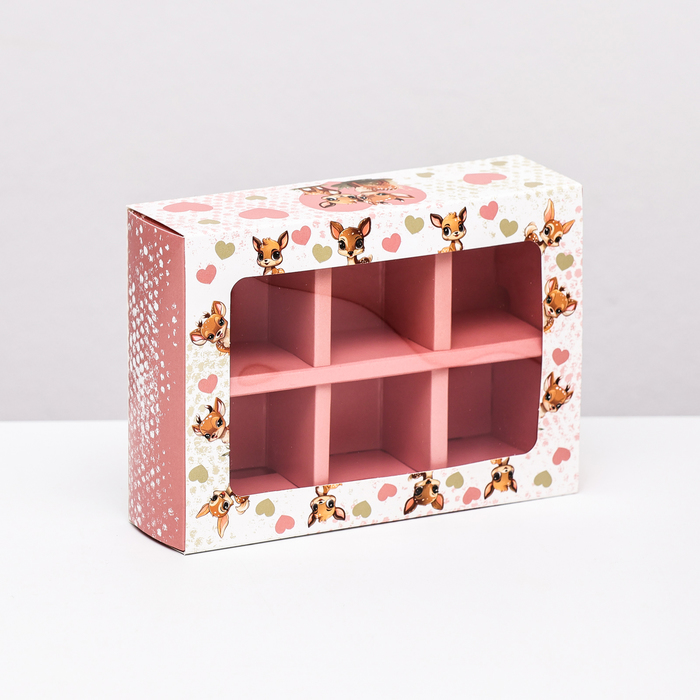 Коробка для конфет 6 шт, бело-розовая "Олени", 13,7 х 9,85 х 3,86 см - Фото 1