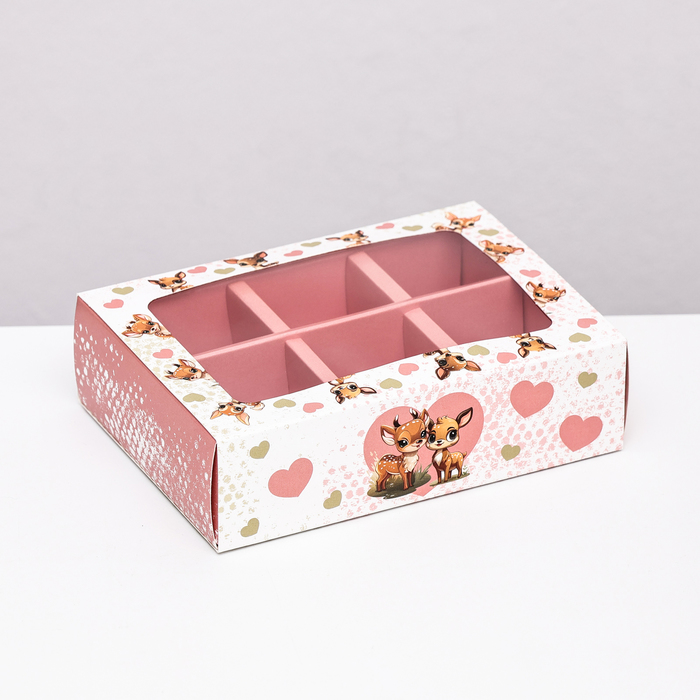 Коробка для конфет 6 шт, бело-розовая "Олени", 13,7 х 9,85 х 3,86 см