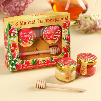 Набор «С праздником весны»: крем-мёд с хлопком и клубникой 60 г (2 шт. х 30 г)., ложка для мёда