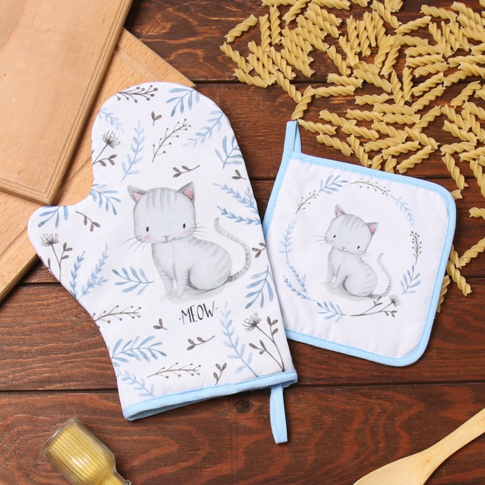 Набор кухонный «Доляна. Котенок»: варежка 20×28 см, прихватка 17×17 см, 35% хлопок, 65% п/э - Фото 1