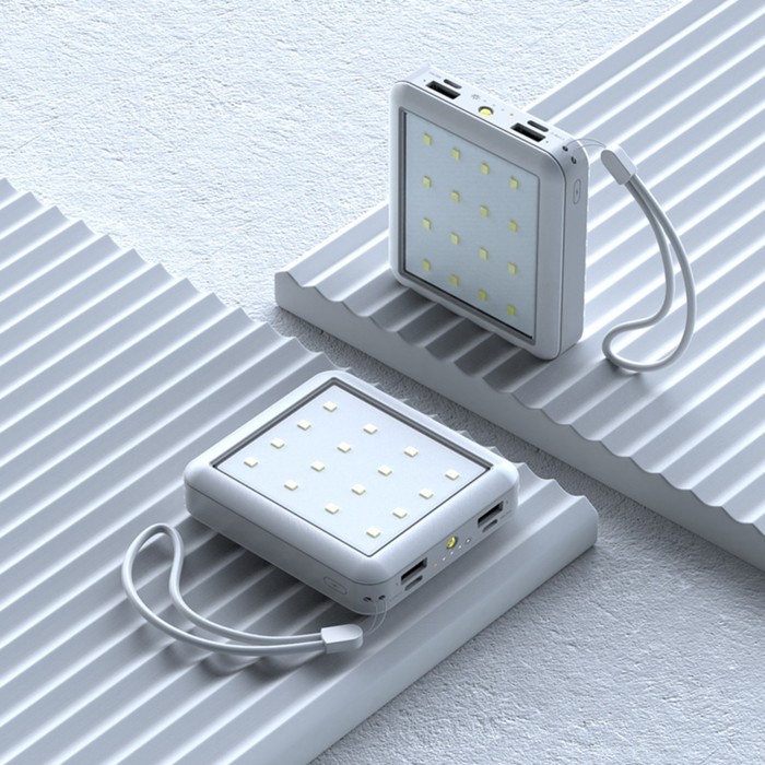 Внешний аккумулятор 484, 10000 мАч, с кабелями Type-C/Lightning/MicroUSB, фонарь, белый - Фото 1