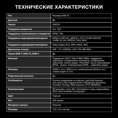 Ресивер DVB-T2 Hyundai H-DVB500, чёрный