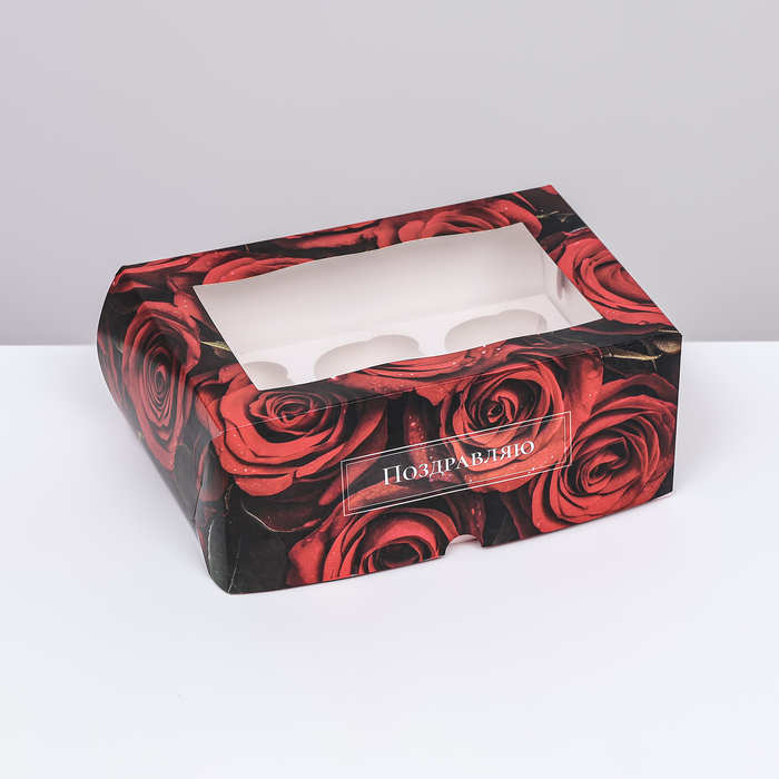 Упаковка на 6 капкейков с окном , "Розы", 25 х 17 х 10 см