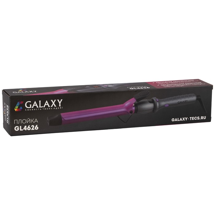 Плойка Galaxy GL 4626, 70 Вт, керамическое покрытие, d=25 мм, 200°С, чёрно-фиолетовая