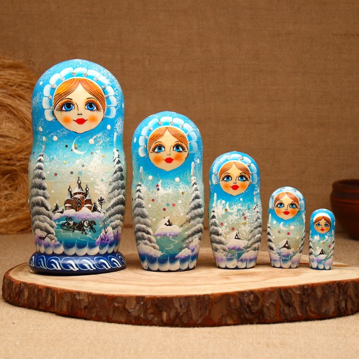 Матрёшка «Зима», голубая, 5 кукольная, люкс