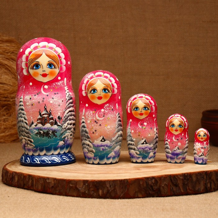 Матрёшка «Зима»,розовая, 5 кукольная, люкс