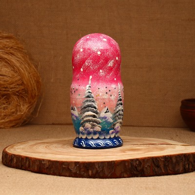 Матрёшка дерево «Зима», розовая, 5 кукольная, люкс