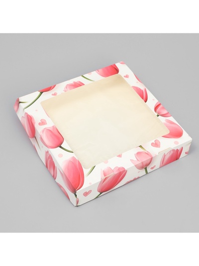 Кондитерская упаковка, коробка с ламинацией «Тюльпаны», 20×20×4 см