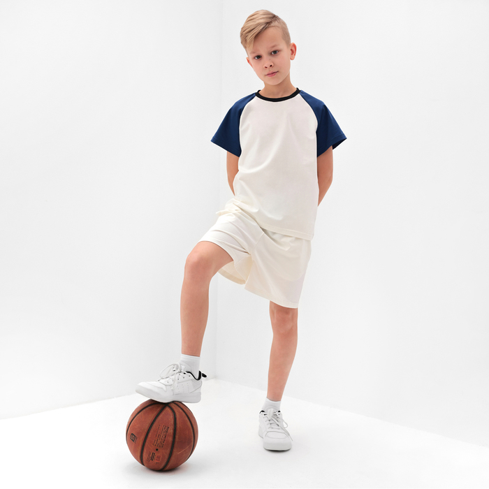 Комплект для мальчика (футболка и шорты) MINAKU, цвет экрю/синий, рост 122 см - Фото 1