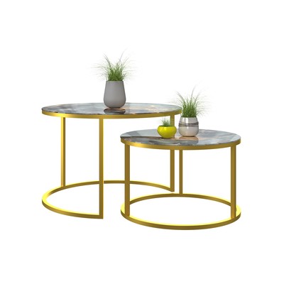 Столы журнальные «Лофт» DQ №2 Duae, 475(605)×320(420)×475(605) мм, цвет серо – зелёный мрамор/золотой, 2 шт.