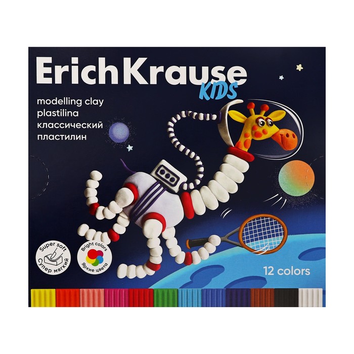 Пластилин 12 цветов, 216 г, ErichKrause "Kids Space Animals", со стеком, в картонной упаковке