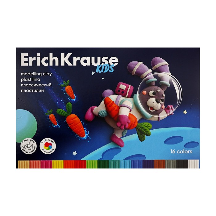 Пластилин 16 цветов, 216 г, ErichKrause "Kids Space Animals", со стеком, в картонной упаковке
