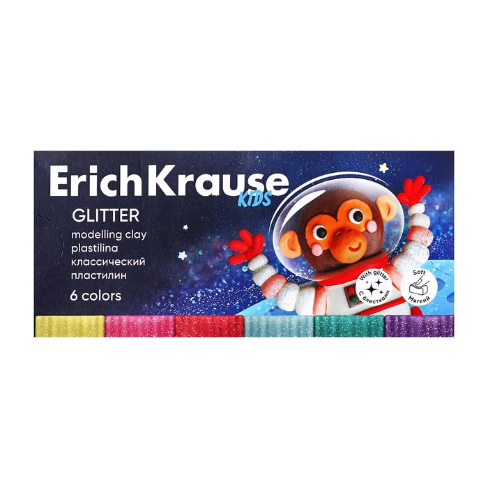Пластилин 6 цветов, 108 г, ErichKrause "Kids Space Animals Glitter", с блестками, со стеком, в картонной упаковке