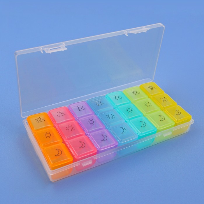 Таблетница-органайзер «Неделька», съёмные ячейки, утро/день/вечер, 17,4 × 8,2 × 2,5 см, 7 контейнеров по 3 секции, разноцветная