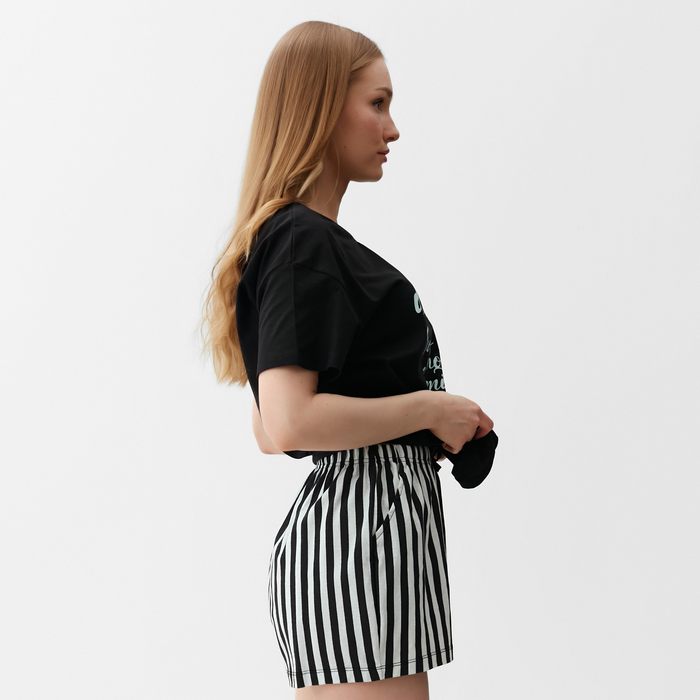 Комплект женский домашний (футболка,шорты), цвет черно-мятная полоска, р-р 42 - фото 1909506556
