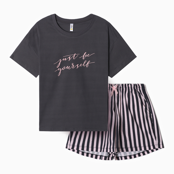 Комплект женский домашний (футболка,шорты), цвет графит розовая полоска, р-р 42 - фото 1909506640