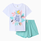 Комплект женский домашний (футболка,шорты), цвет мятный с цветком, р-р 42 - Фото 2