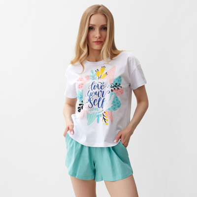 Пижама женская (футболка, шорты) Ohana market, мятный с цветком, размер 44