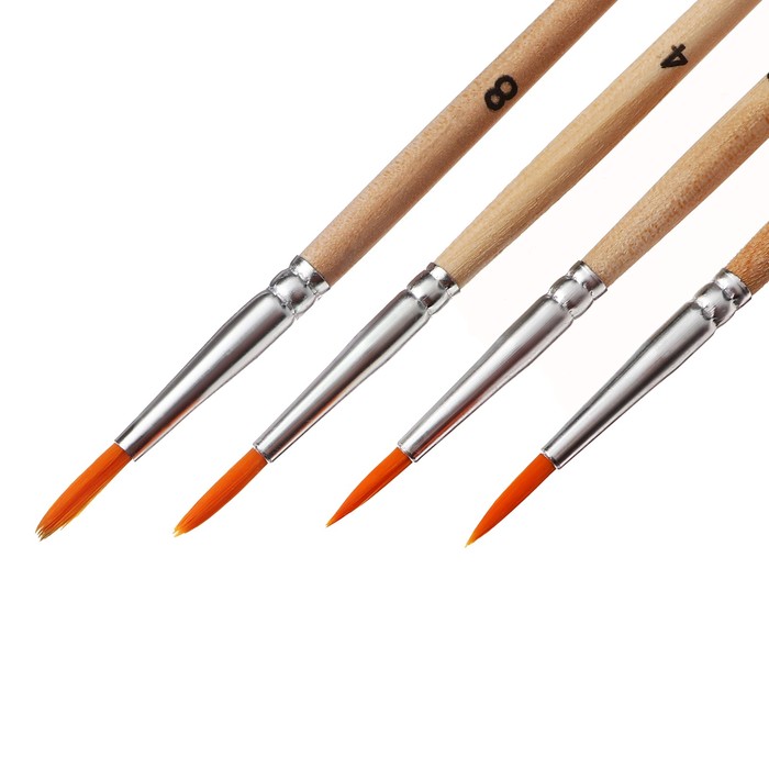 Набор кистей синтетика круглые 4 штуки №2 с деревянными ручками на блистере