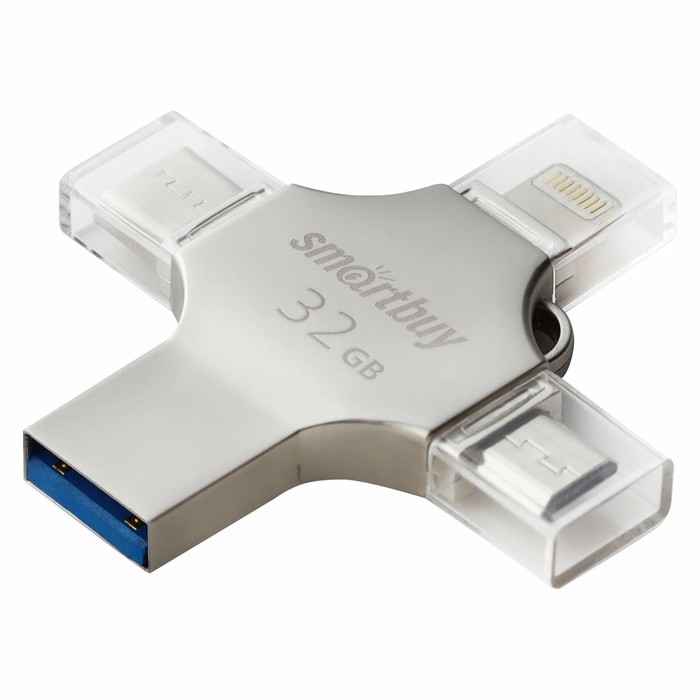 Флешка Smartbuy MC15 Metal Quad, 4-in-1 OTG, 32 Гб, USB3.0, Type-C, microUSB, lightning