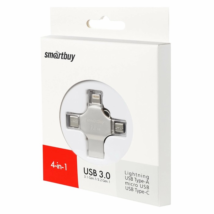Флешка Smartbuy MC15 Metal Quad, 4-in-1 OTG, 32 Гб, USB3.0, Type-C, microUSB, lightning