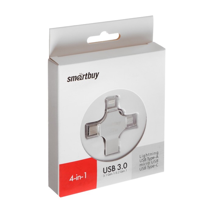 Флешка Smartbuy MC15 Metal Quad, 4-in-1 OTG, 64 Гб, USB3.0, Type-C, microUSB, lightning