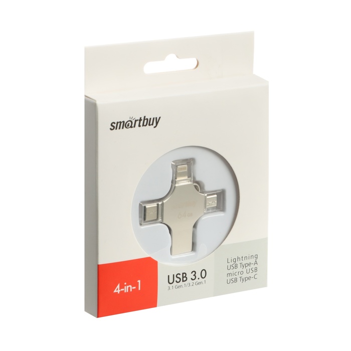 Флешка Smartbuy MC15 Metal Quad, 4-in-1 OTG, 64 Гб, USB3.0, Type-C, microUSB, lightning