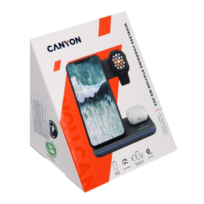 Беспроводное зарядное устройство Canyon 3 в 1 WS-303, 15Вт, быстр/зарядка, индикатор,серое - фото 51531079