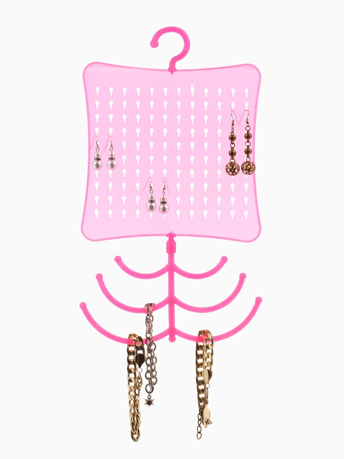 Органайзер для украшений QF, с крючком, 60 пар, 6 крючков, пластик, 20×0.5×35 см, розовый - Фото 1
